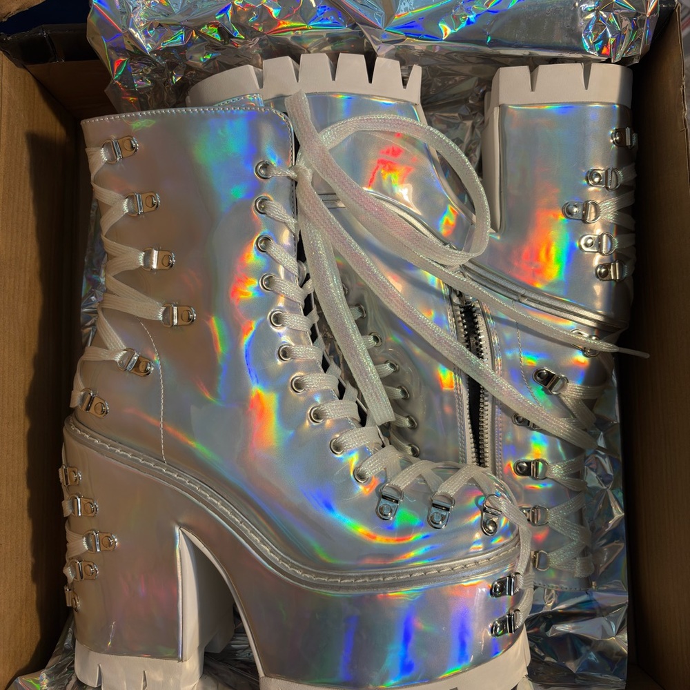 Dolls Kill Silver Holographic Platform Boots